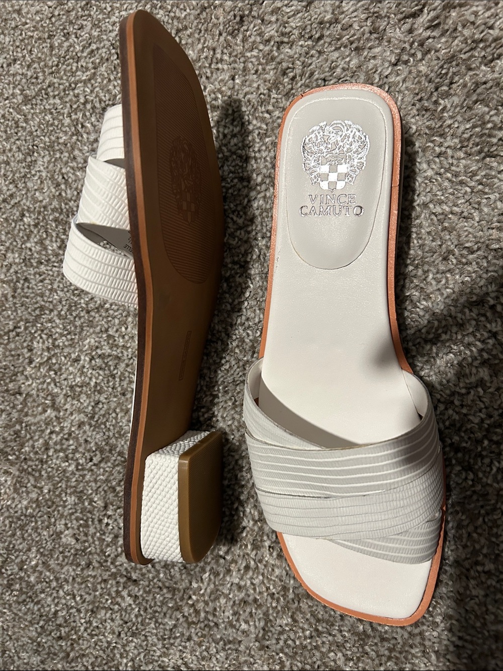 Vince Camuto White Slide Sandals with Tan Edge - Picture 3 of 3